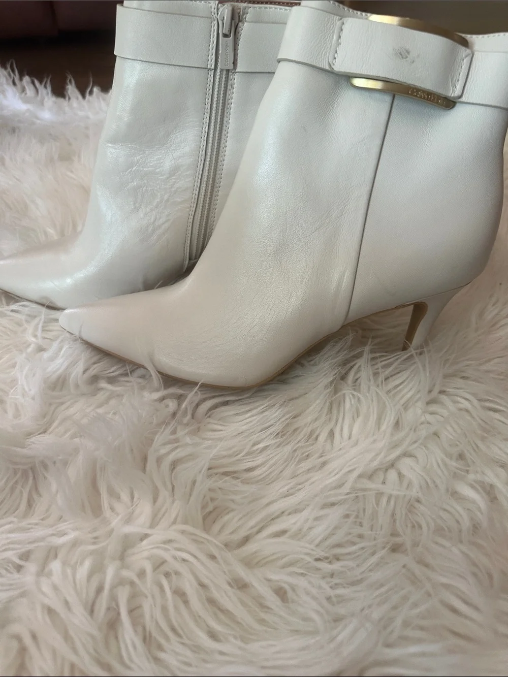 Calvin Klein Cream Leather Pointed-Toe Ankle Booties with Gold Buckle